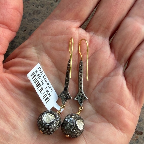 Elegant 14kt. Yellow Gold & Sterling Silver Diamond Dangle Earrings - Picture 10 of 12